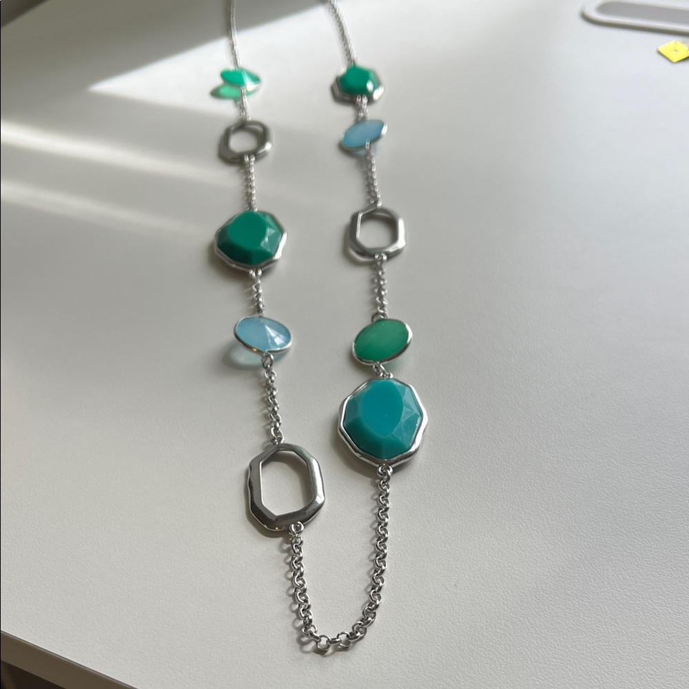 3 for $15 Silver Long Necklace with Green and Aqua Gemstone Accents